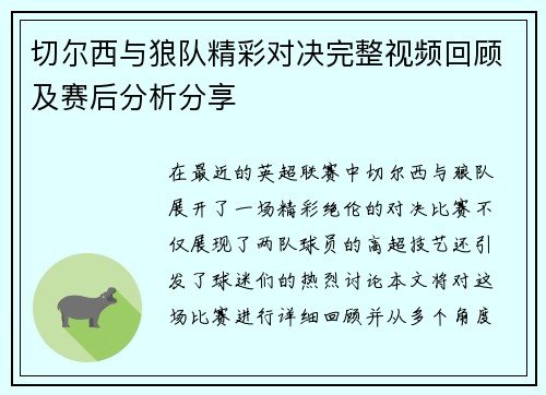 切尔西与狼队精彩对决完整视频回顾及赛后分析分享