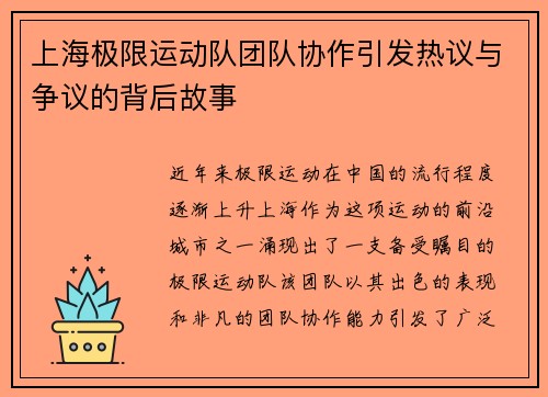 上海极限运动队团队协作引发热议与争议的背后故事