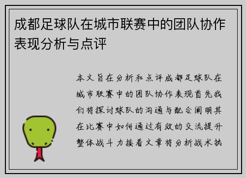 成都足球队在城市联赛中的团队协作表现分析与点评