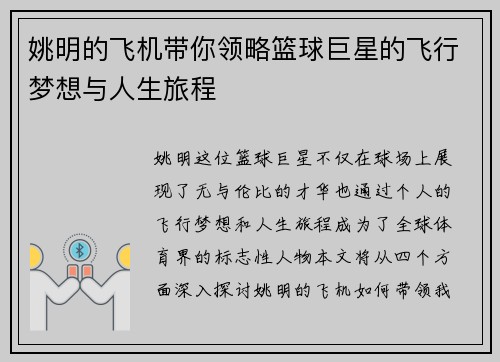 姚明的飞机带你领略篮球巨星的飞行梦想与人生旅程