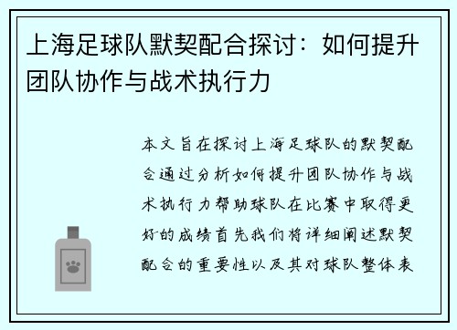 上海足球队默契配合探讨：如何提升团队协作与战术执行力