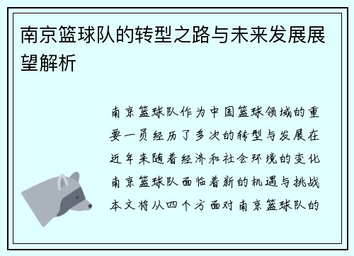 南京篮球队的转型之路与未来发展展望解析