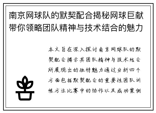 南京网球队的默契配合揭秘网球巨献带你领略团队精神与技术结合的魅力