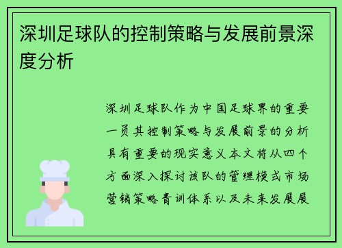 深圳足球队的控制策略与发展前景深度分析