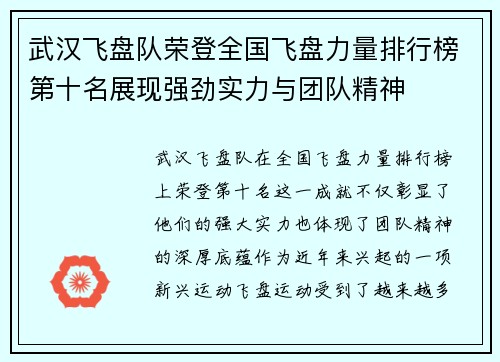 武汉飞盘队荣登全国飞盘力量排行榜第十名展现强劲实力与团队精神